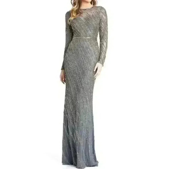 New Mac Duggal 5240 Beaded Illusion Neck Long Sleeve Maxi Gown - Size 10- Platin - Picture 6 of 12